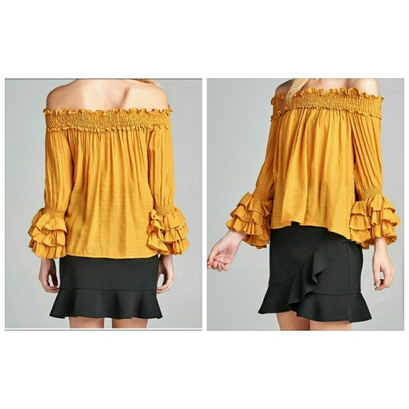 Yellow Off-Shoulder Ruffle Long Sleeve Top - Picture 3 of 4
